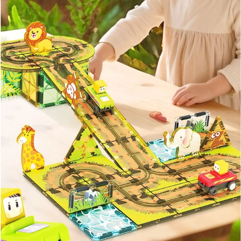 Building Blocks - 電動レールカー、都市交通、カラーウィンドウデザイン付き磁気ビルディングブロックセット
