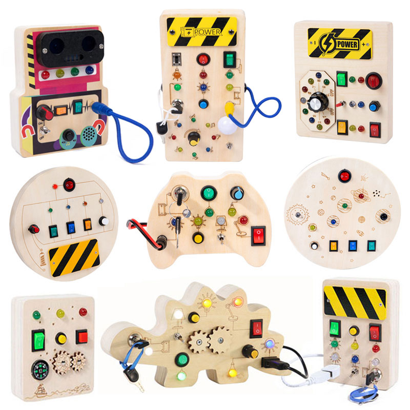 Montessori Wooden Busy Board Toddler - モンテッソーリビジーボード感覚おもちゃ木製 LED ライトスイッチ制御ボード旅行活動子供のゲーム 2-4 歳